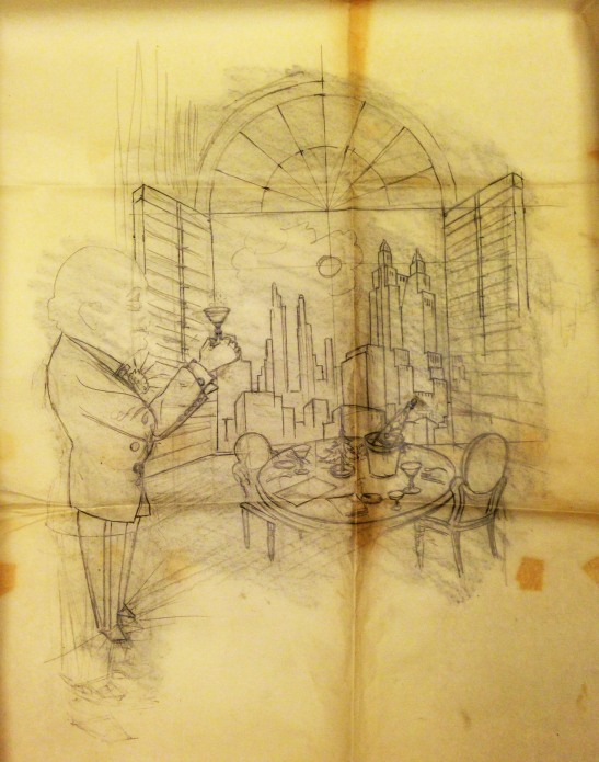 Original sketch showing Rene Black toasting to the Waldorf Astoria Hotel for another healthy year. 