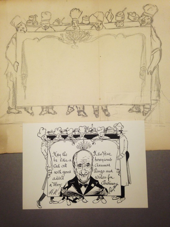A rough sketch of the Christmas card sent out by Rene Black juxtaposed to the finished product. 